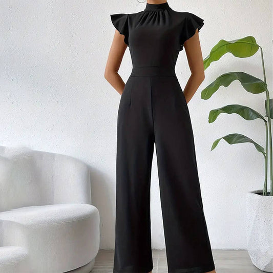 Broad-leg stand-up collar draped sleeves jumpsuit