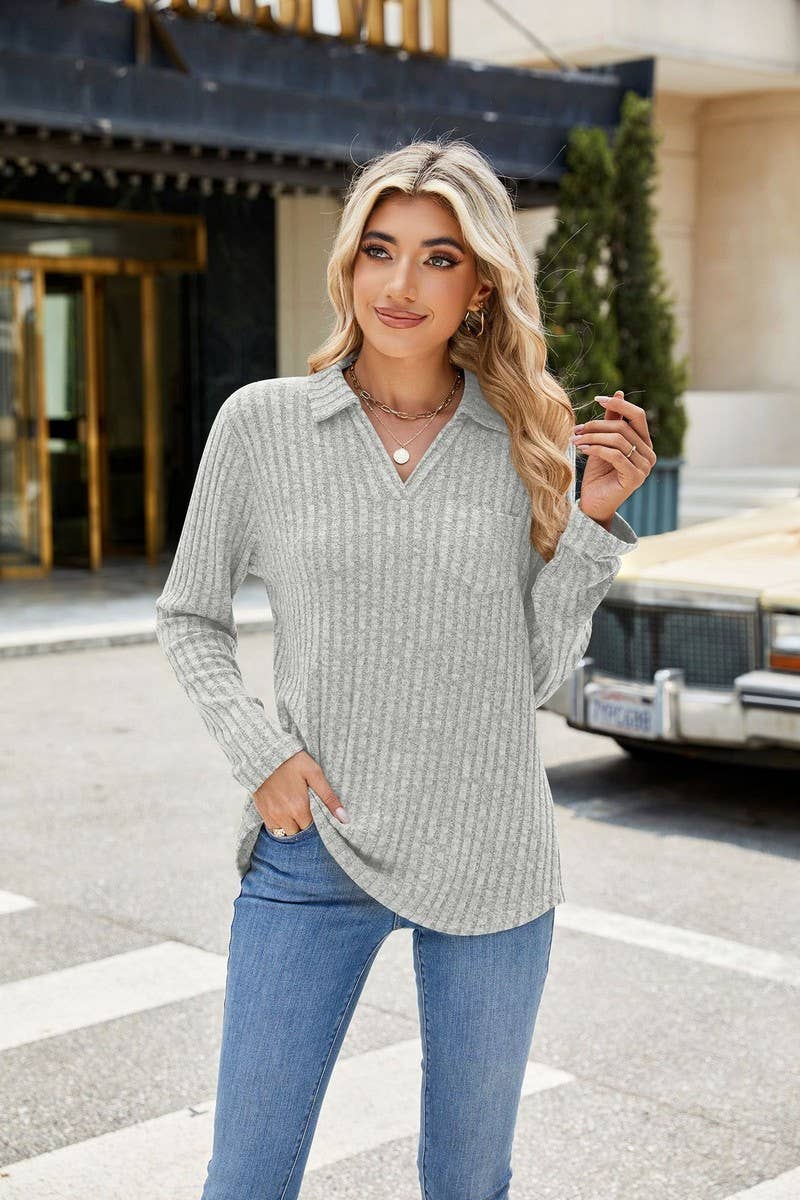 CWTBLL2329_SOLID COLOR LAPEL POCKET LONG SLEEVE LOOSE TOP