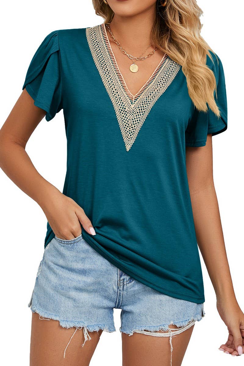 CWTBLS0872_V-NECK GOLD LACE SHORT-SLEEVED T-SHIRT