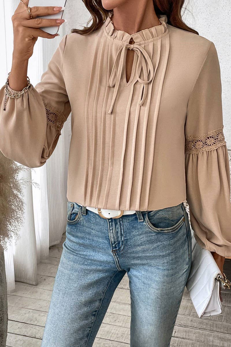 CWTBLL00727_LACE V NECK LONG SLEEVE SOLID PLEATED BLOUSE
