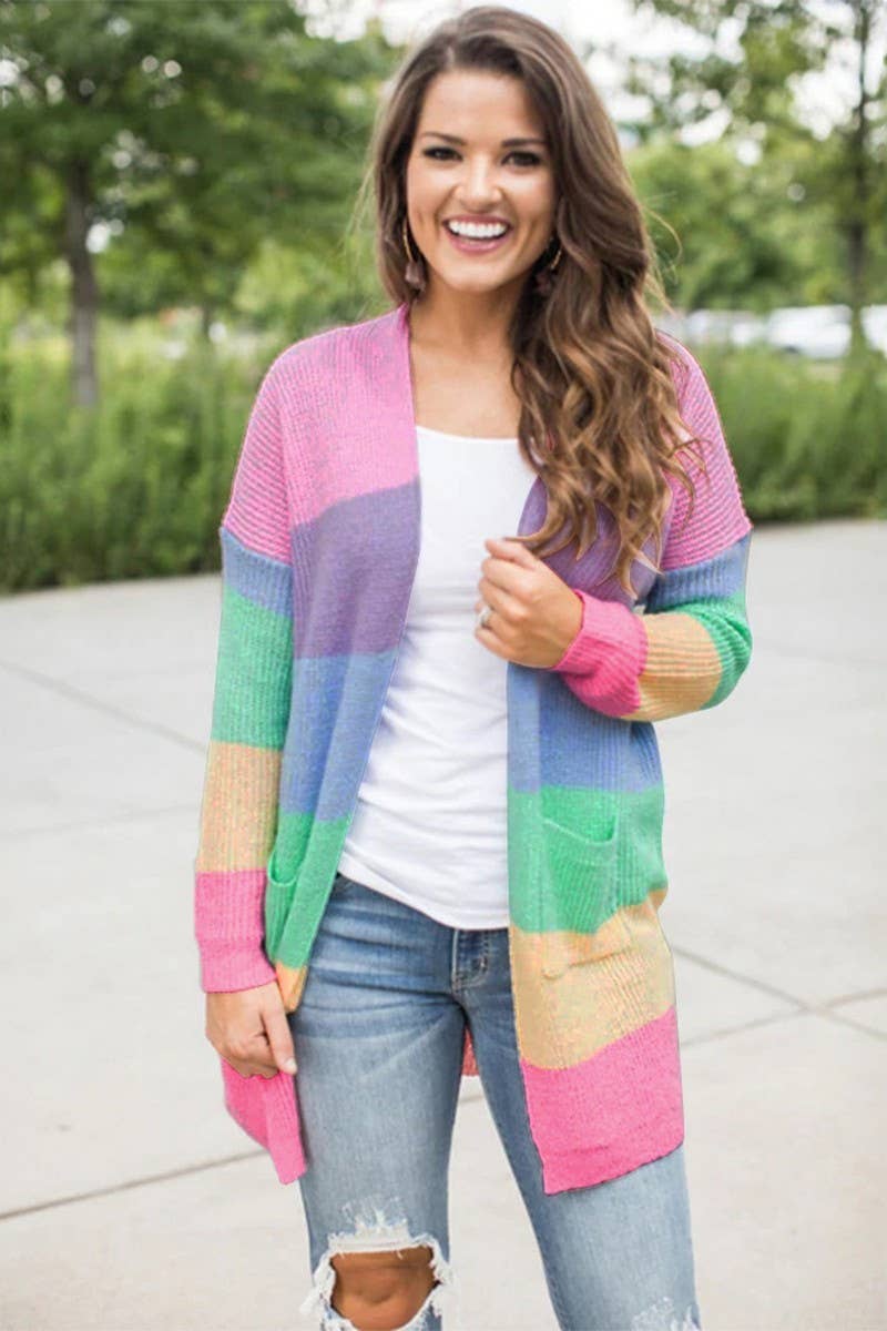 CWOCAL00701_LOOSE COLORBLOCK STRIPED LONG KNIT CARDIGAN
