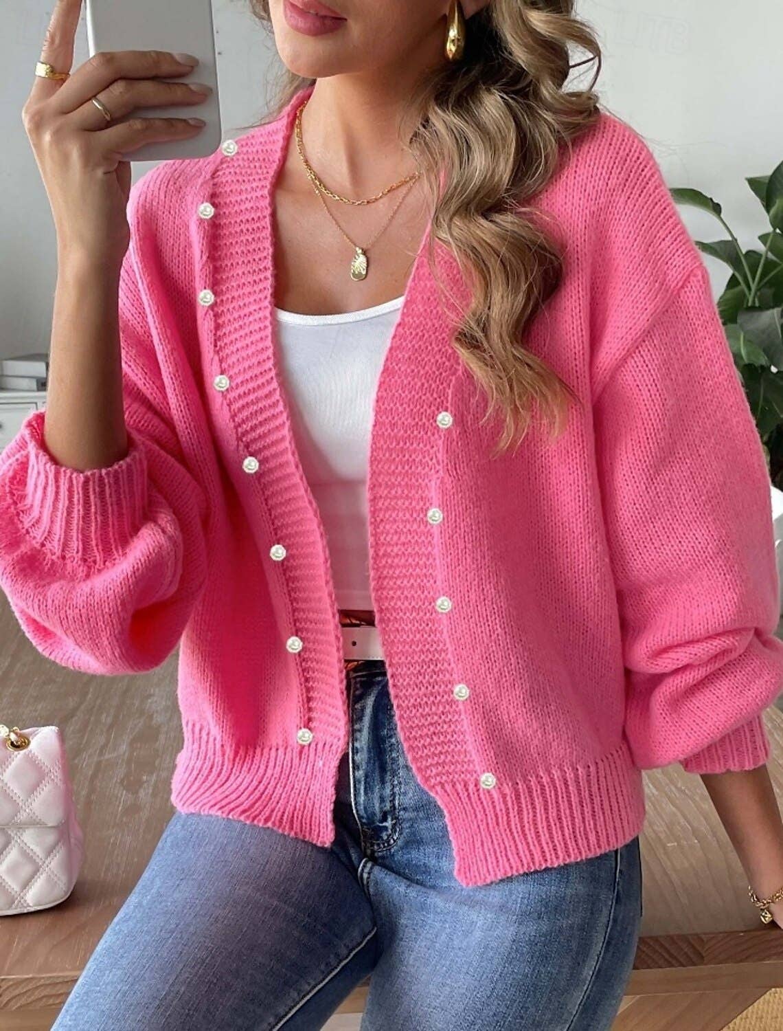 Beaded solid-color unbuttoned knitted cardigan