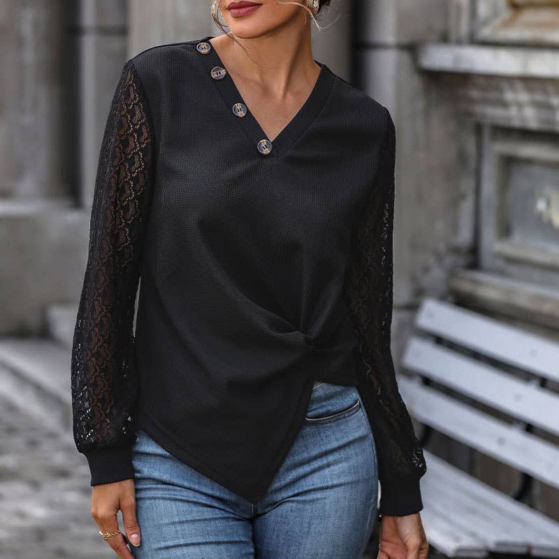 BUTTON V-NECK T-SHIRT LACE PATCHWORK KNIT TOP