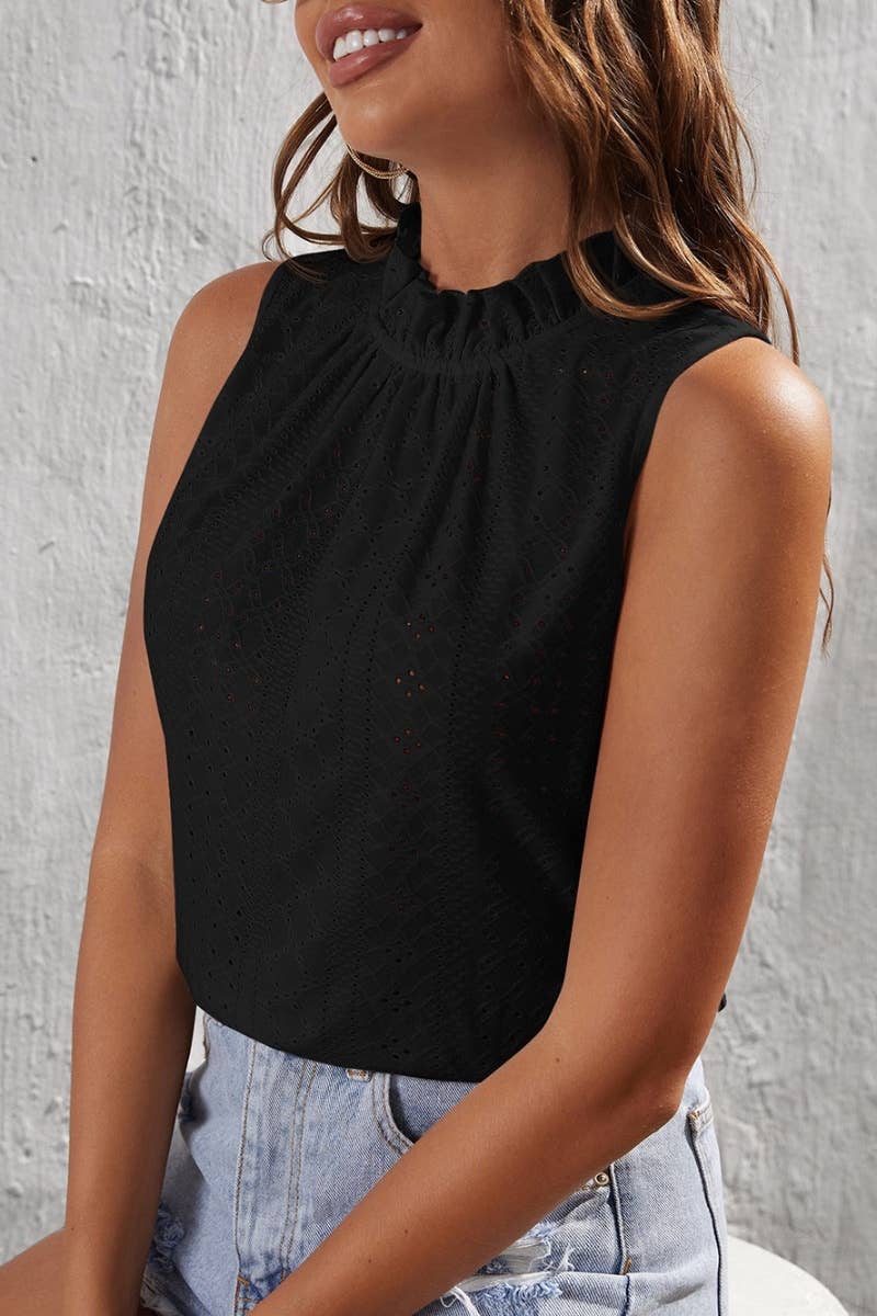 CWTBLSL0241_LOTUS COLLAR HOLLOWED OUT SLEEVELESS TOP