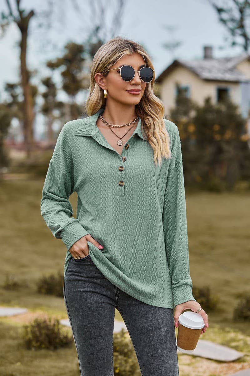 CWTBLL2415_SOLID COLOR LAPEL BUTTON LOOSE LONG SLEEVE TOP