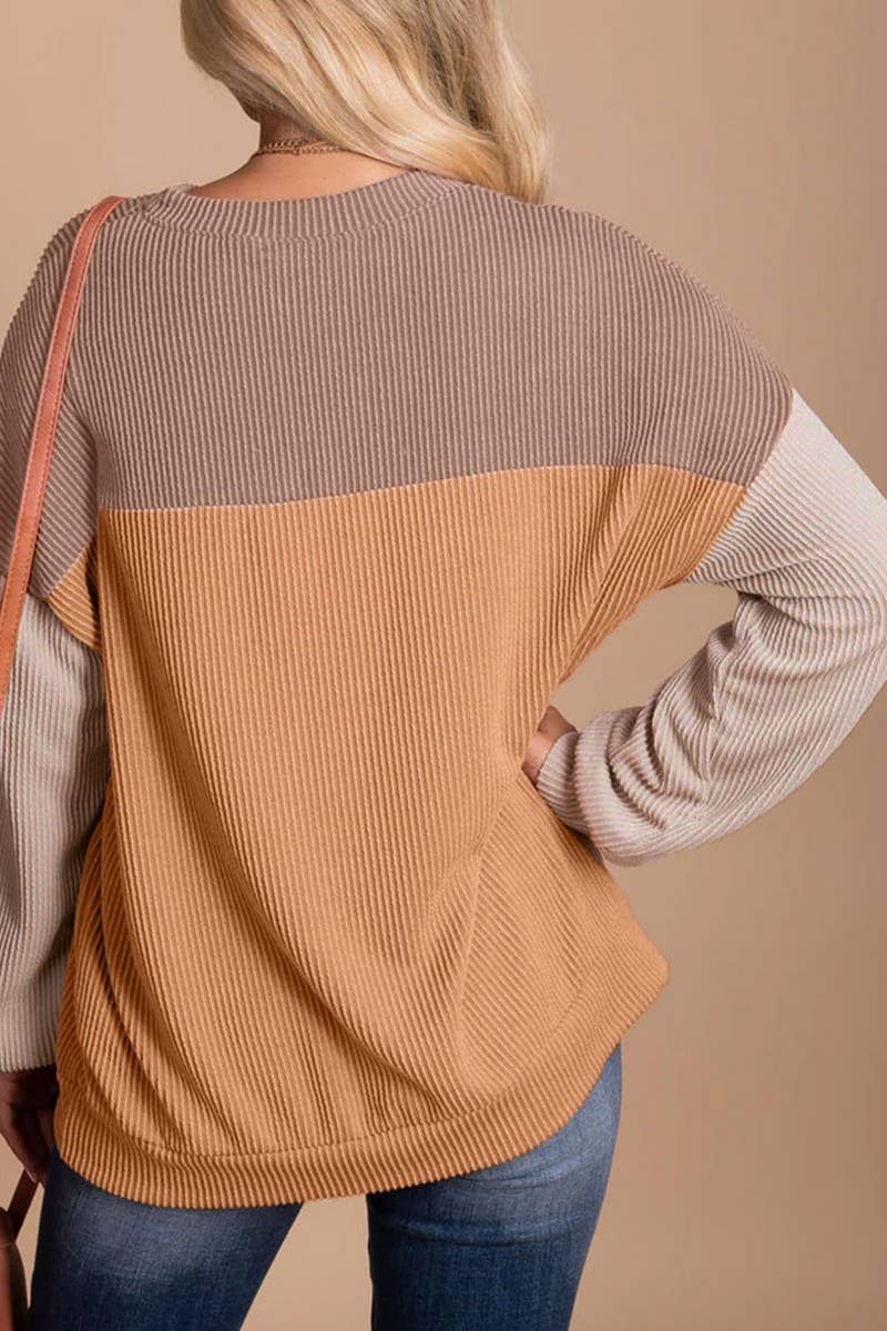 CWTBLL1828_ROUND NECK TWISTED STRIPE COLOR BLOCK LOOSE TOP