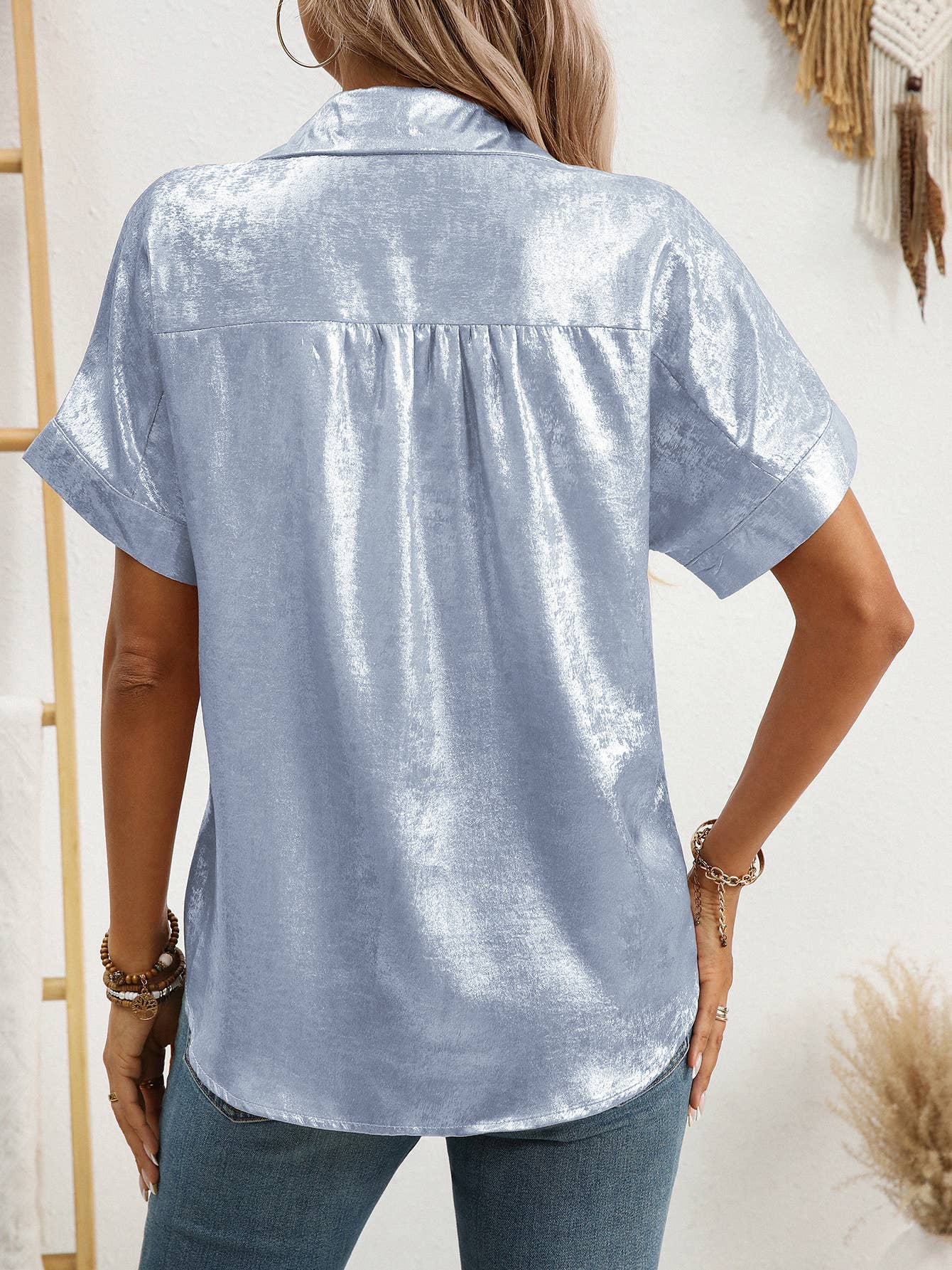Casual loose short-sleeved lapel metallic shirt