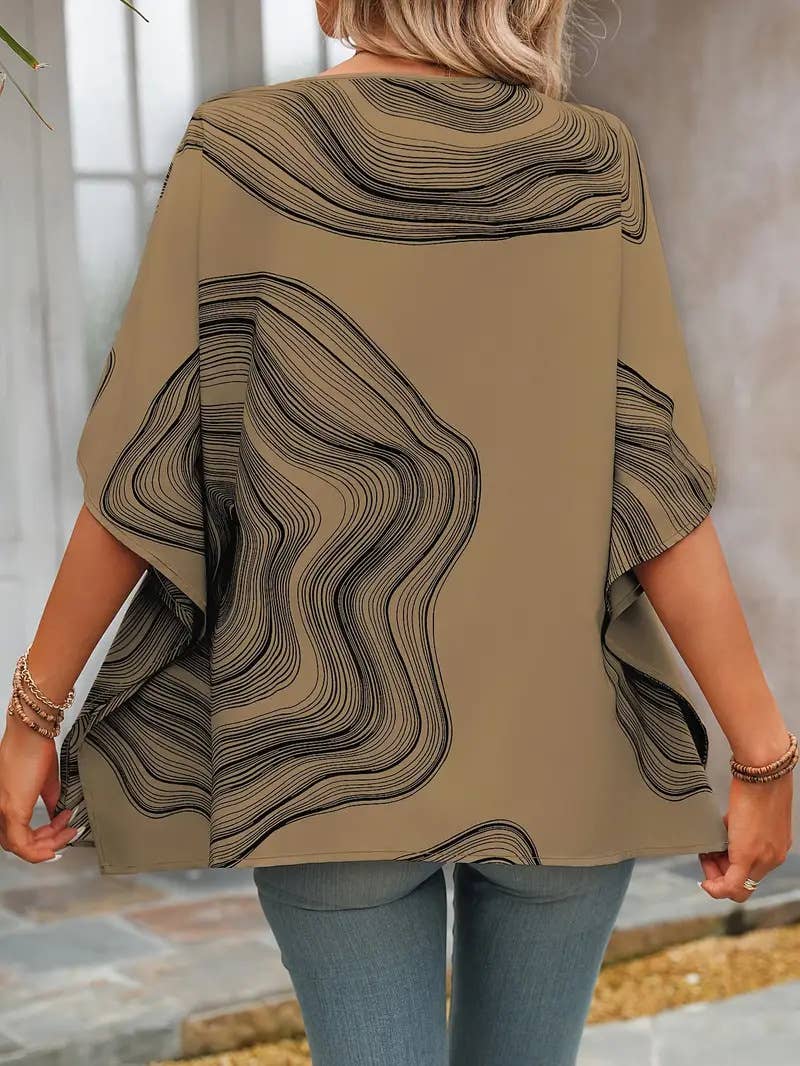Casual printed V-neck loose batsleeve top
