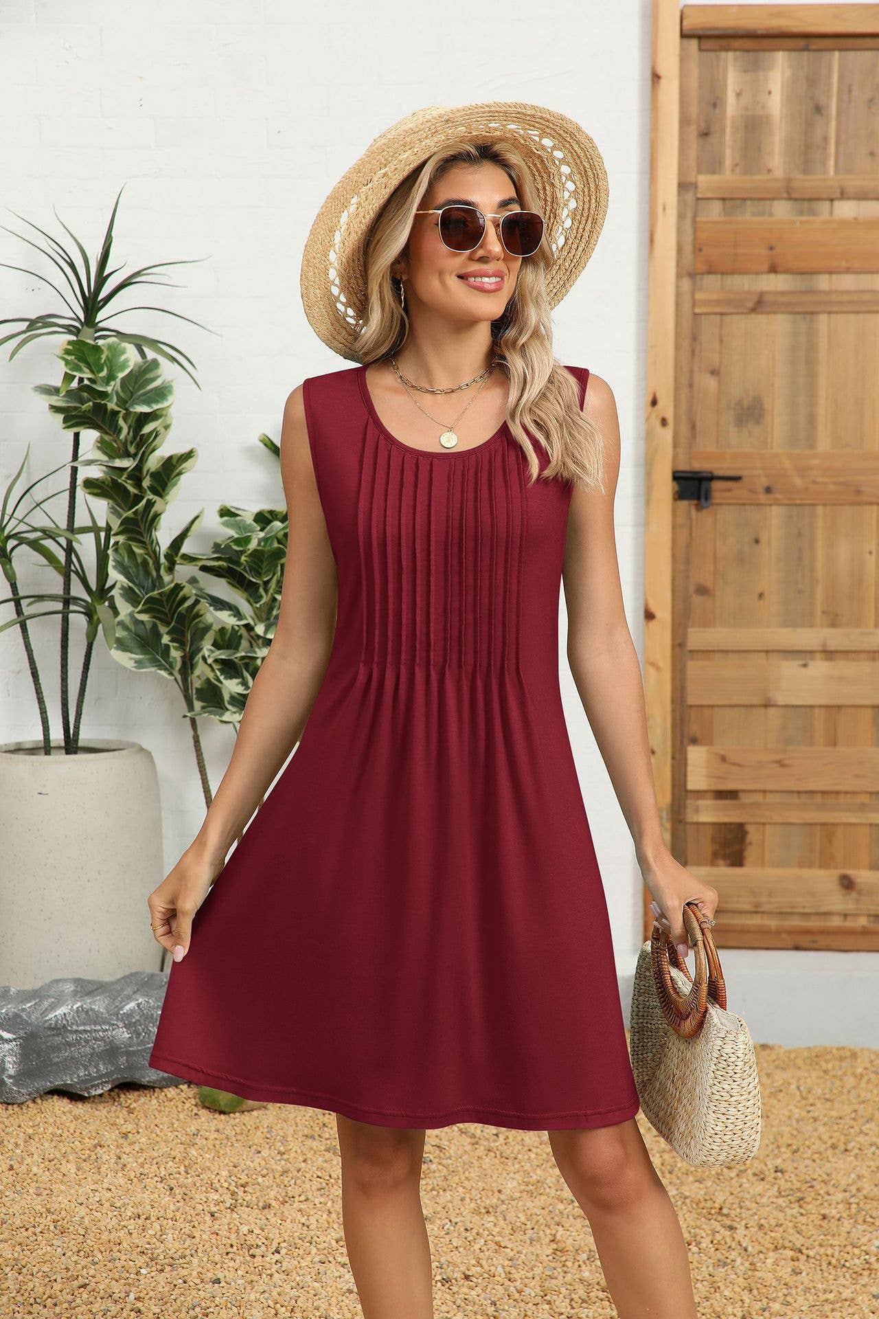Crew-neck loose print tank top dress with pockets