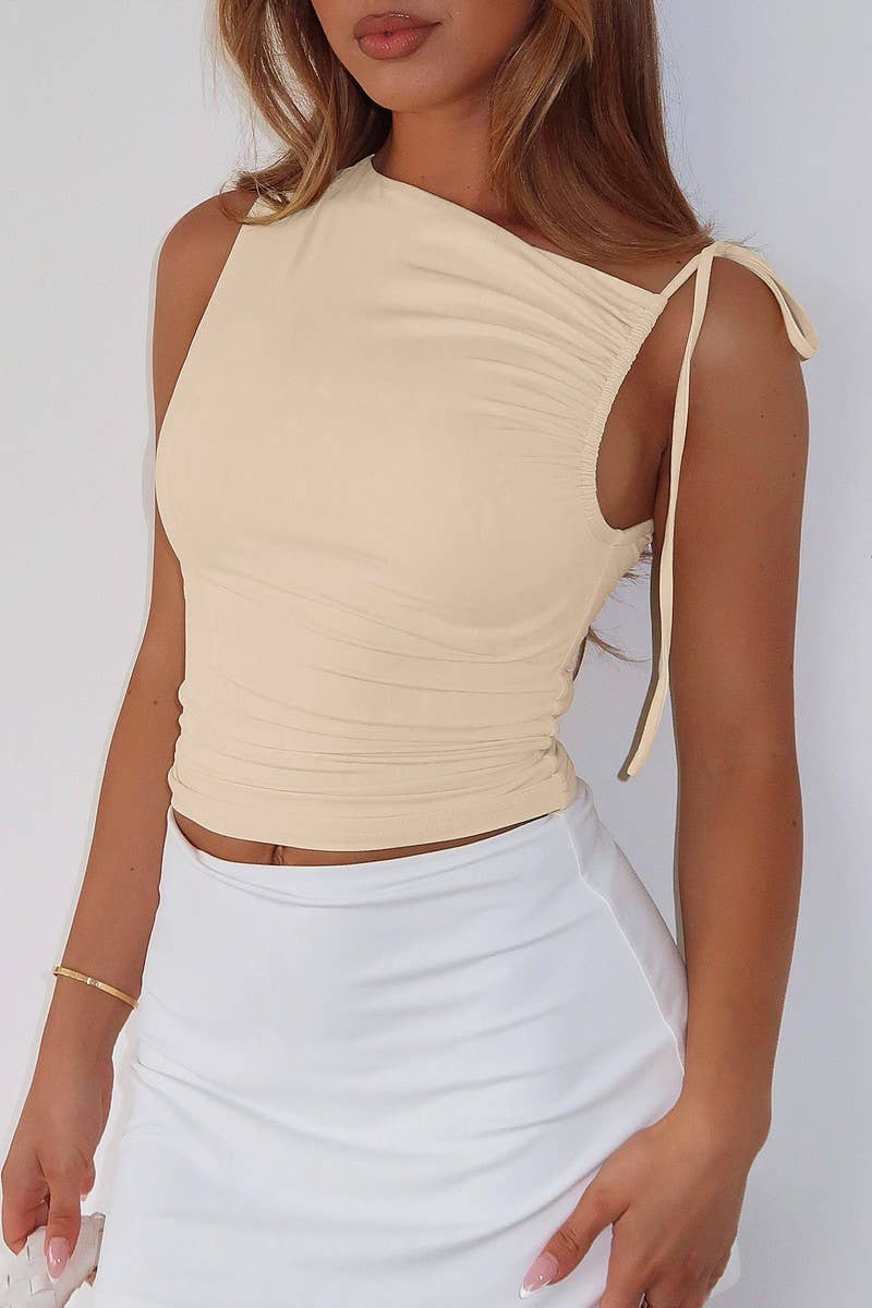 CWTBLSL0796_ASYMMETRICAL STRAP DRAWSTRING RUCHED CROPPED TOP