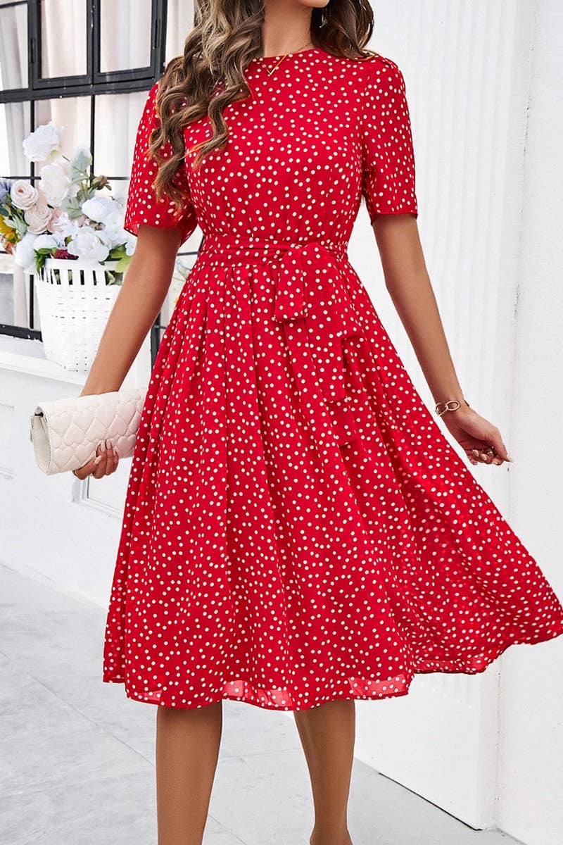 CWDSD7139_TEMPERAMENT CASUAL POLKA DOT LACE-UP PRINT DRESS