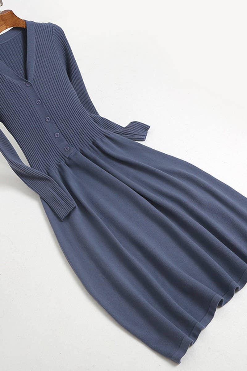 CWDMD4015_V-NECK WAIST BELOW KNEE LONG KNITTED DRESS