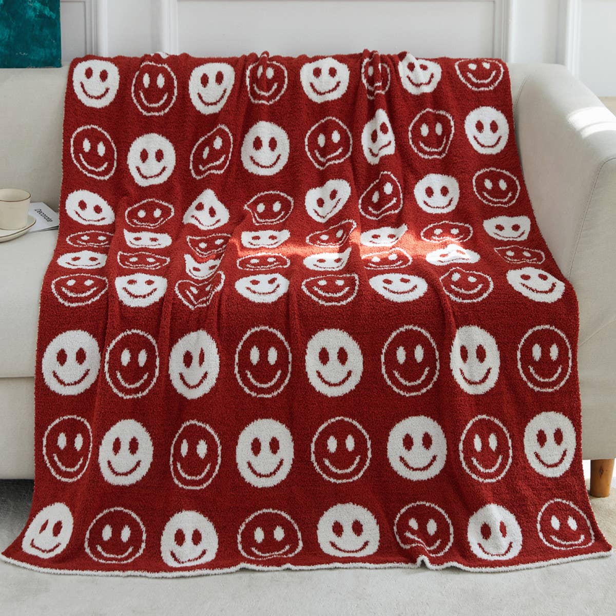 SMILEY FACE KNITTED JACQUARD THROW BLANKET_CWMM1474