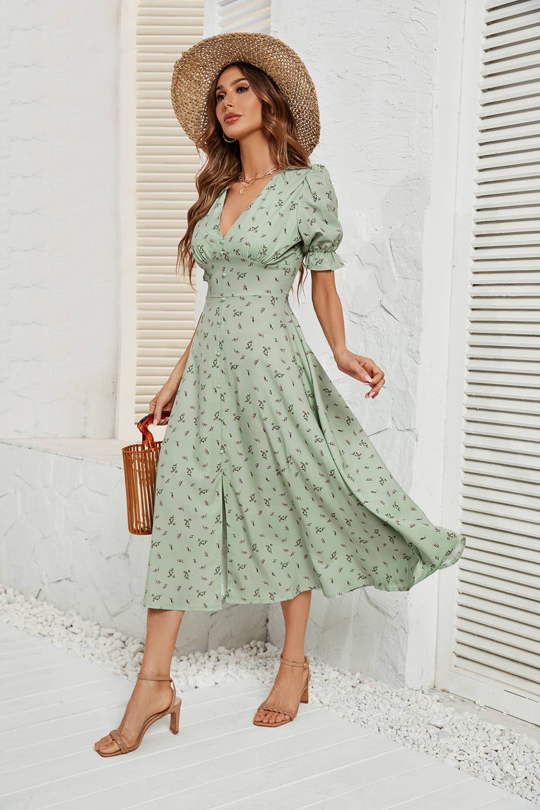 FLORAL DRESS WITH PRINTED BUTTON WAIST