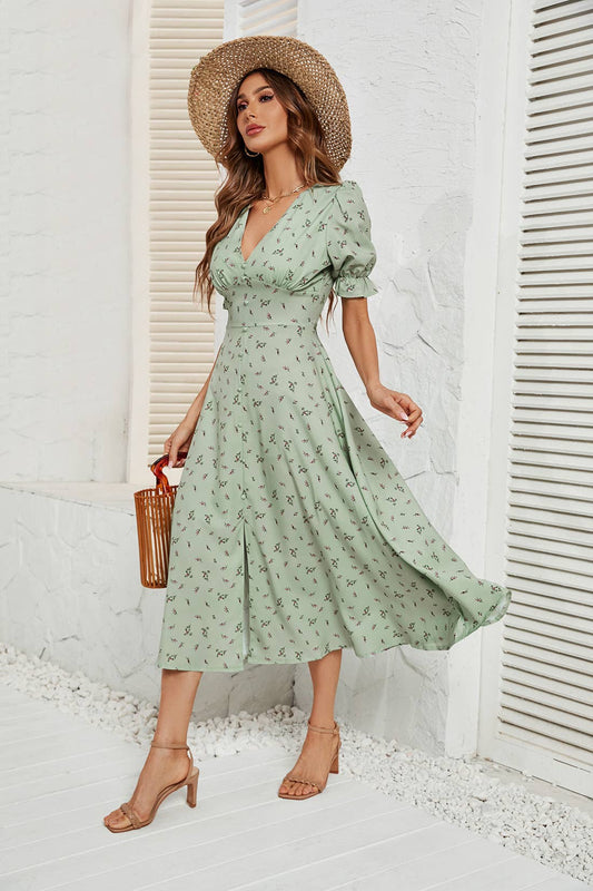 FLORAL DRESS WITH PRINTED BUTTON WAIST