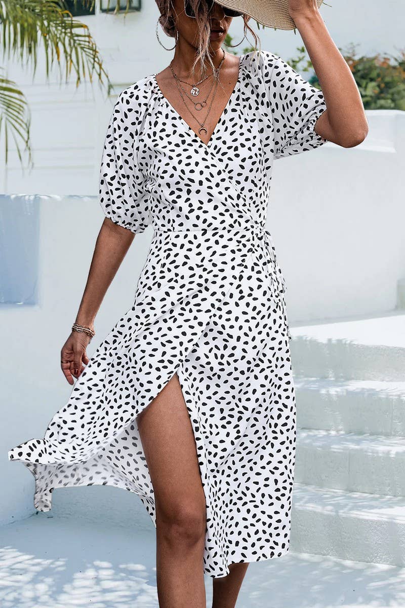 CROSS V NECK STONE FLOWER SPLIT DRESS_CWDSD2657