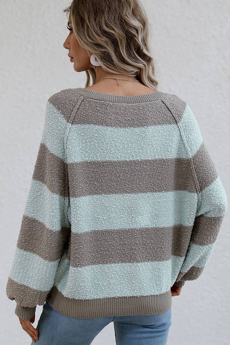 CWOSWL615 Off Shoulder Striped Neck Pullover Sweater