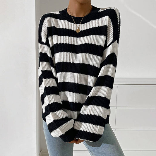 COLOR CONTRAST STRIPED CREW NECK LOOSE KNIT TOP