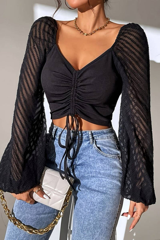 CWTBLL3545_CHEST TIE LANTERN SLEEVES MIDRIFF BARING TOP