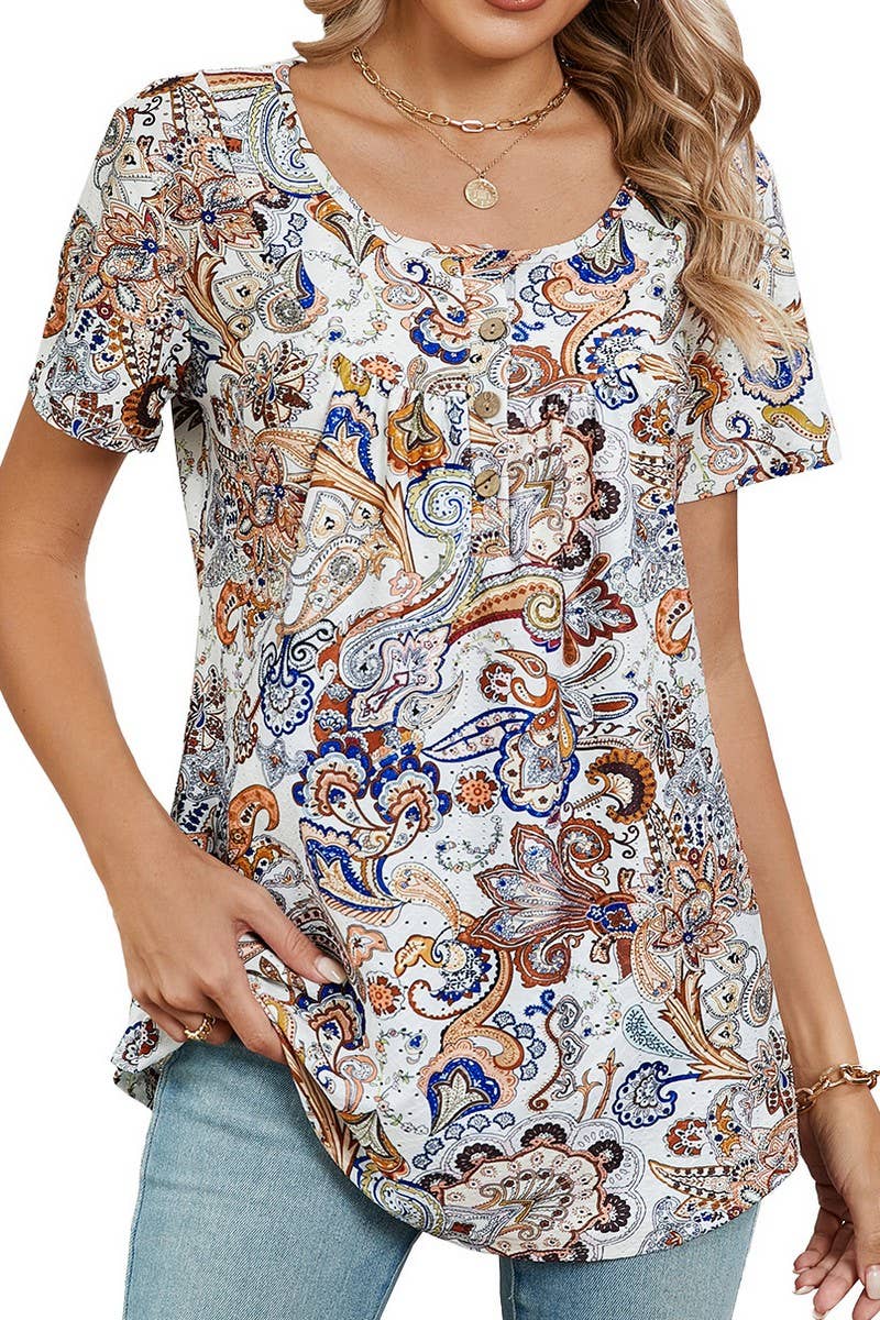 CWTBLS0850_BUTTON PRINT FLORAL SHORT SLEEVE BAGGY TOP