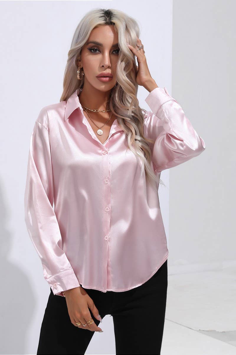 CWTBLL0690_Button Down Silky Satin Long Sleeve Top