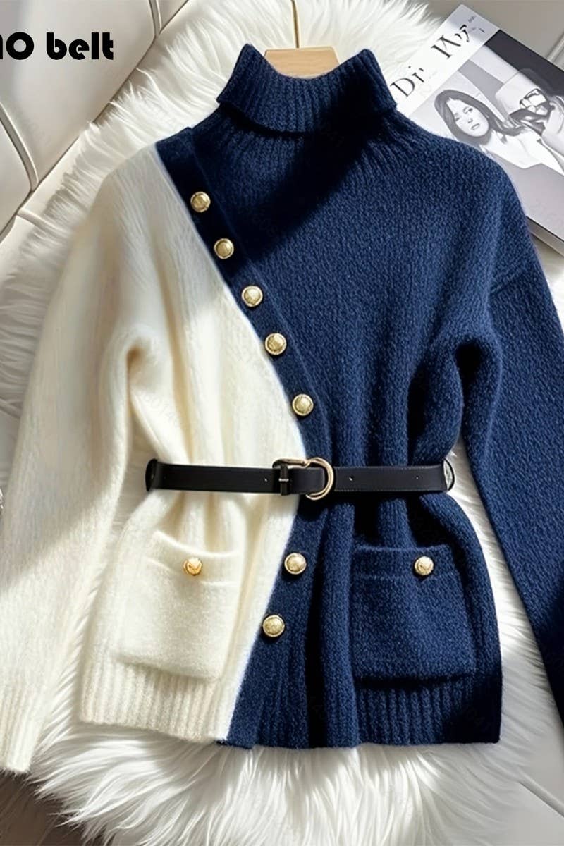 CWOSWL07459_ASYMMETRICAL BUTTON COLORBLOCK KNIT SWEATER