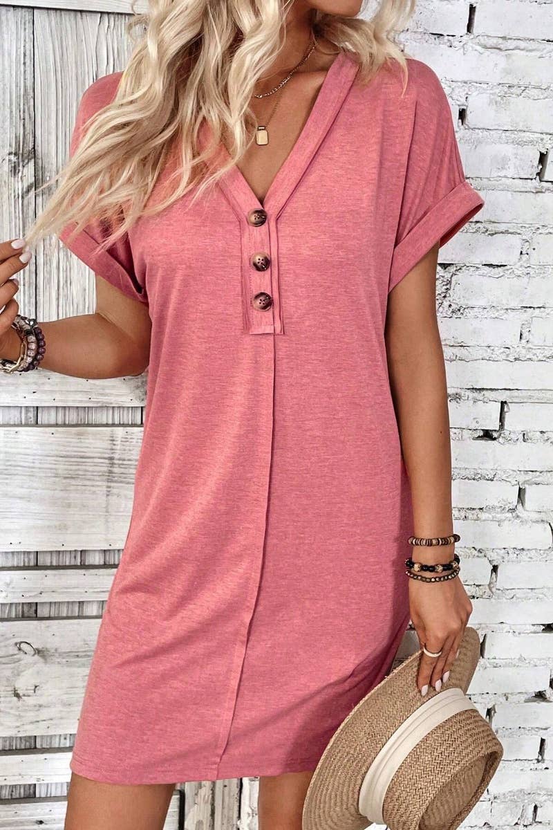 CWDSD4862_SUMMER V-NECK BUTTON-UP SHORT-SLEEVED DRESS SHORT