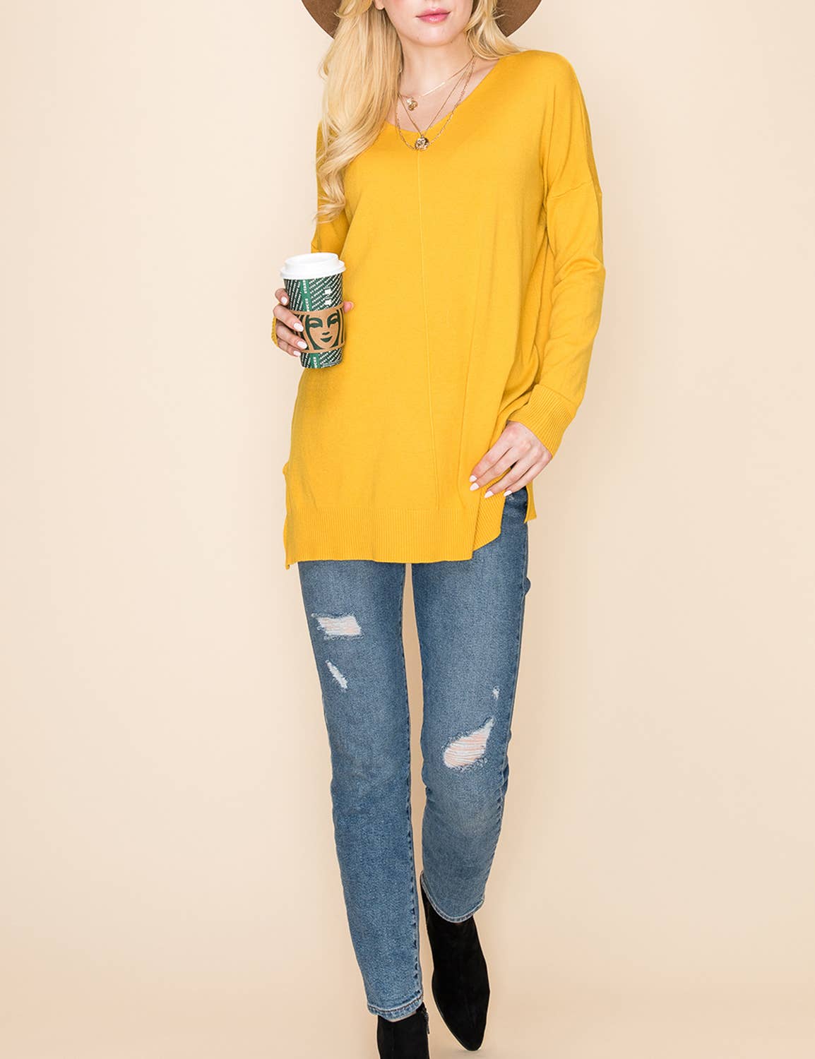 CWOSWL1826_V NECK LOOSE FIT TUNIC LENGTH SOFT SWEATER TOP