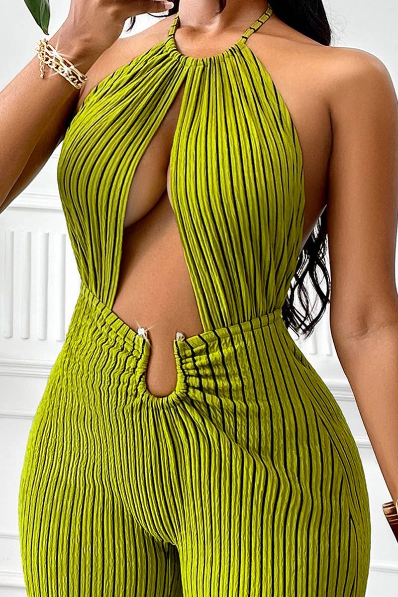 CWSJS1341_SEXY STRIPED HALTERNECK HOLLOW WAIST JUMPSUIT