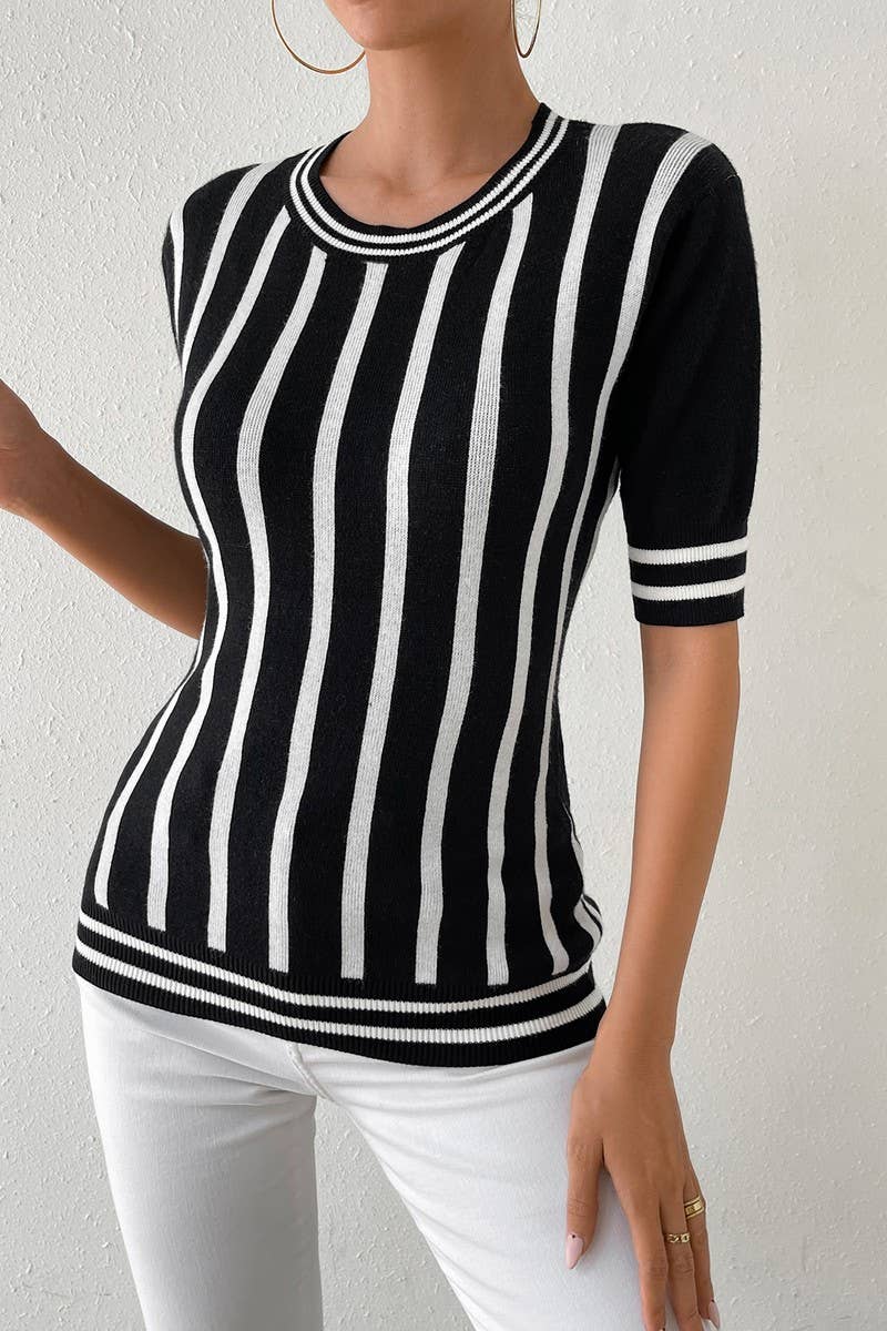 CWOSWS0040_Round Neck Short Sleeve Striped Knit Sweater