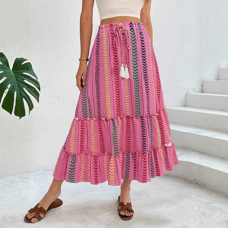 Boho Colorblock Printed Elastic Waist Skirt