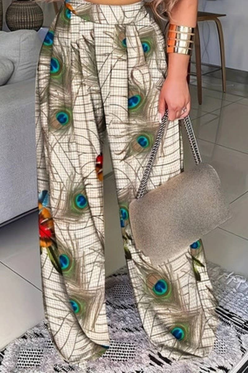 CWBLP1142_PEACOCK FEATHER PRINT LOOSE WIDE-LEG TROUSERS