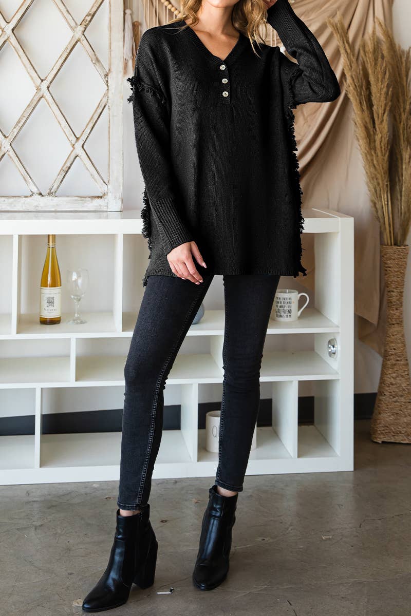 CWOSWL646-P_BUTTON DOWN FRINGE SHOULDER SWEATER KNIT TOP