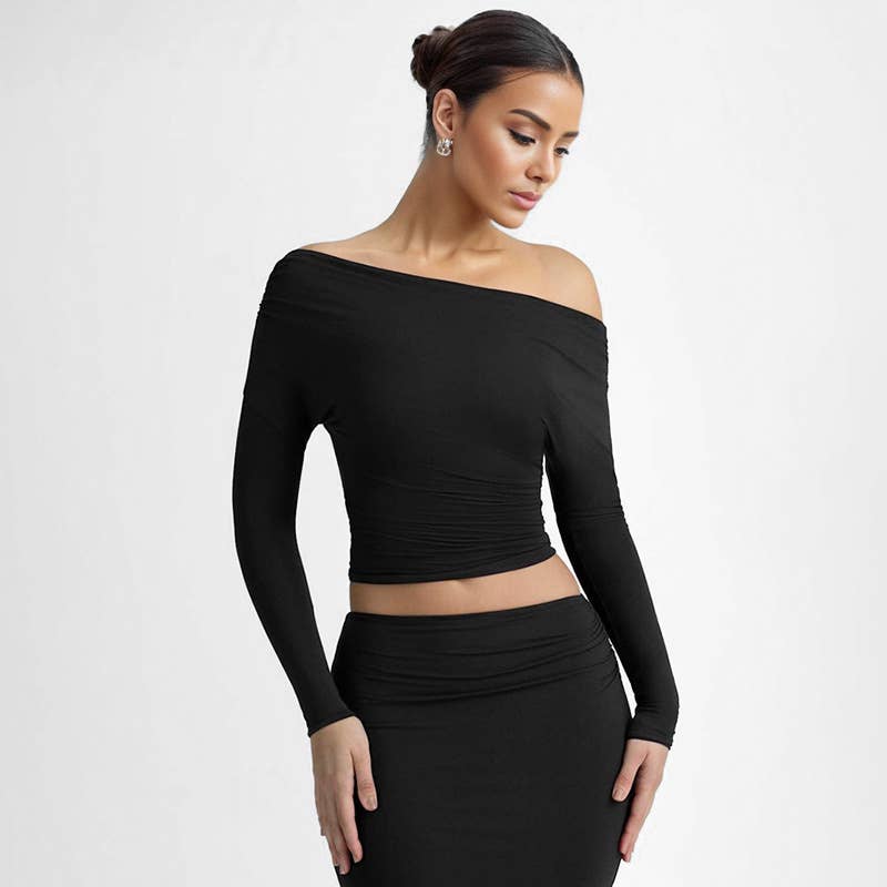 DIAGONAL NECK PLEATED WAIST SOLID COLOR T-SHIRT