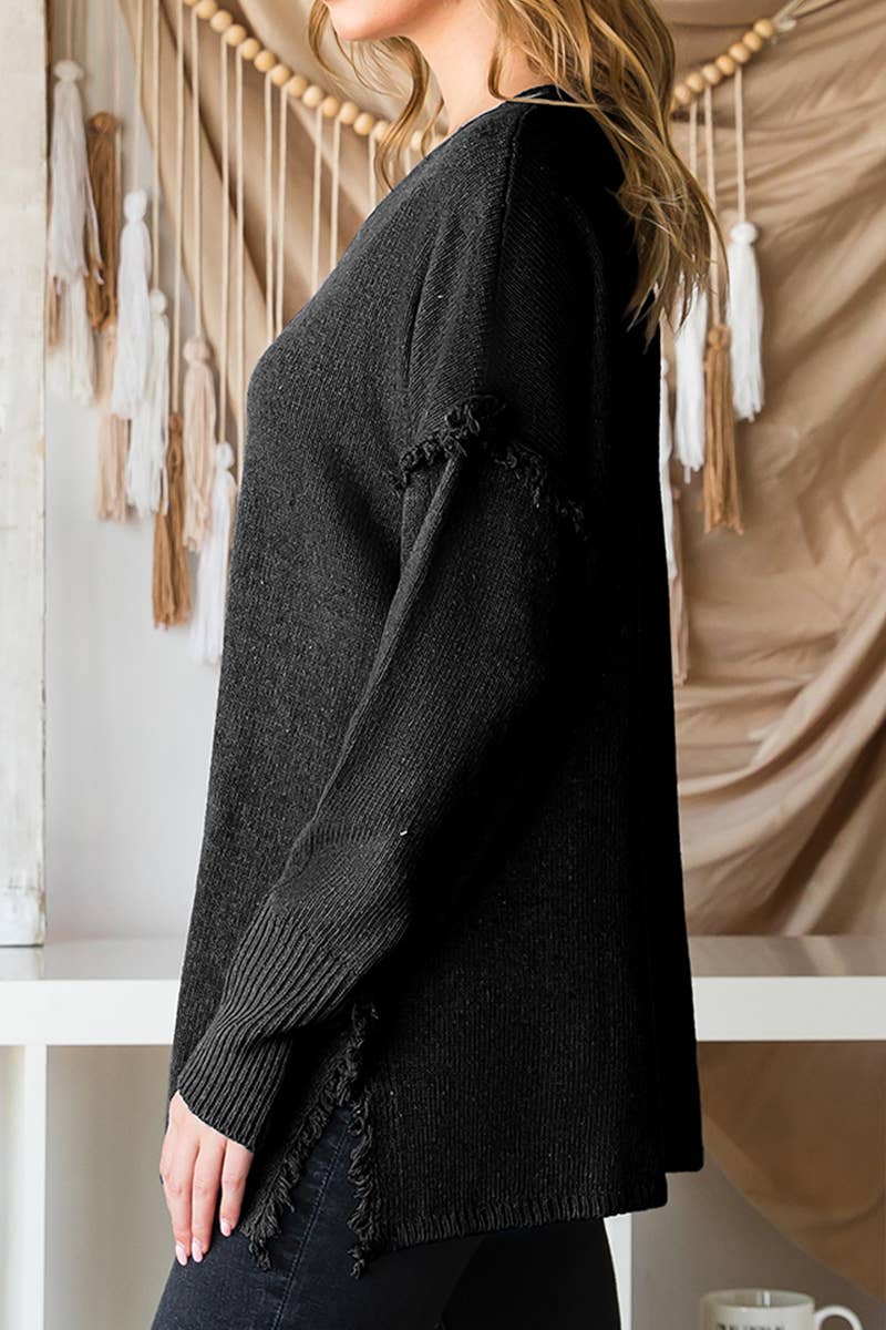 CWOSWL646_BUTTON DOWN FRINGE SHOULDER SWEATER KNIT TOP