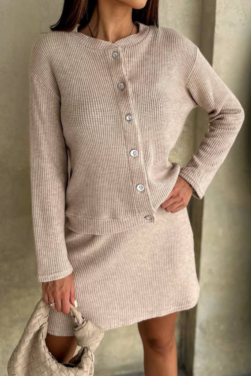 CWSS0799_BUTTON-UP LONG SLEEVE CARDIGAN SWEATER SKIRT SUIT