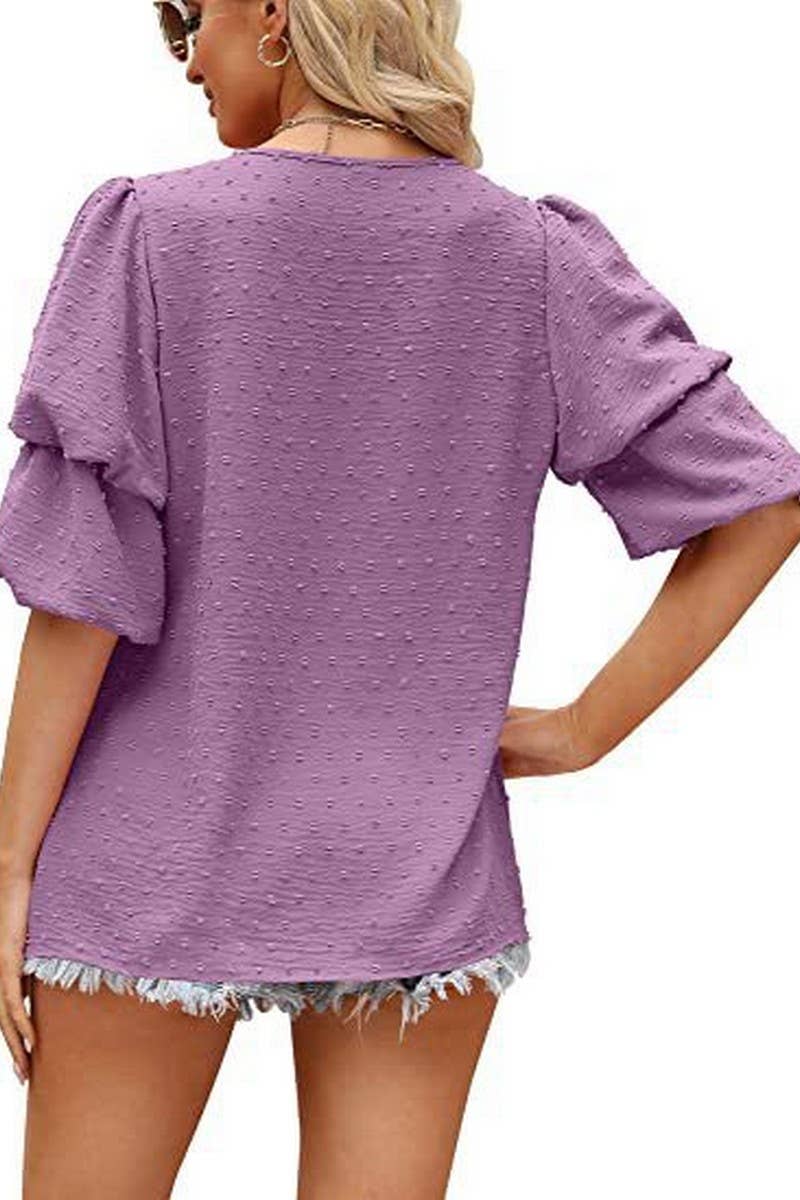 CWTBLS02488_V-NECK LANTERN SLEEVE DOT CHIFFON TOP