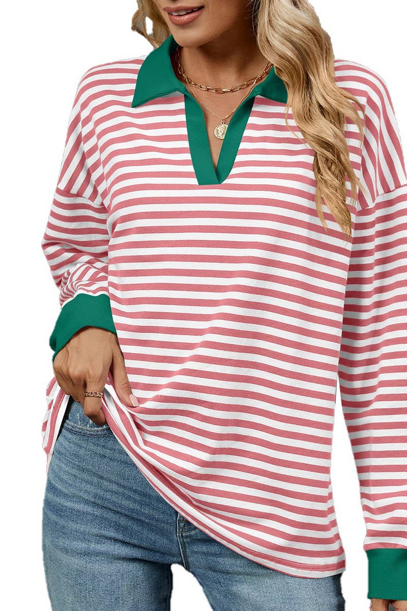 CWTBLL2361_CONTRAST COLOR LAPEL LOOSE STRIPED SWEATSHIRT