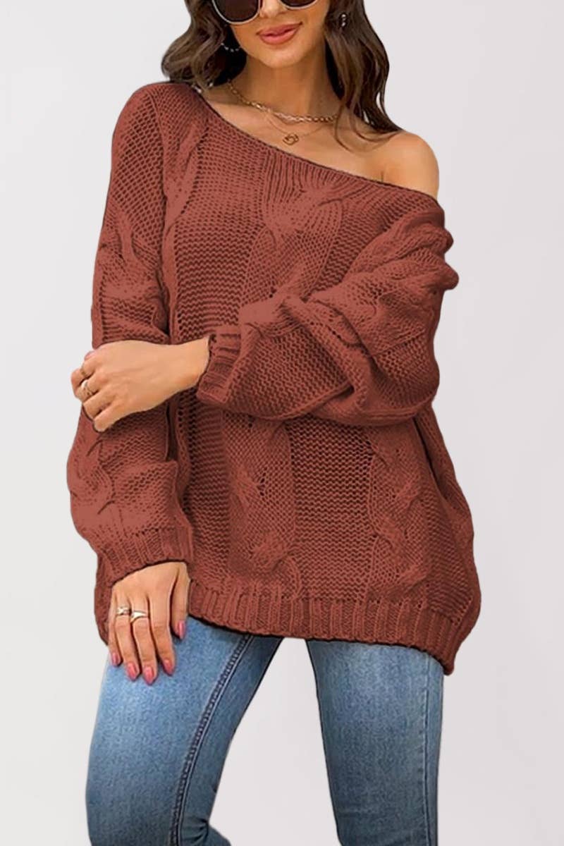 CWOSWL5853_ONE-SHOULDER LONG-SLEEVED PULLOVER SWEATER