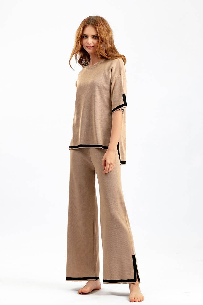 CWSTB00422_COLORBLOCK KNIT TOP & HIGH WAIST WIDE LEG SET