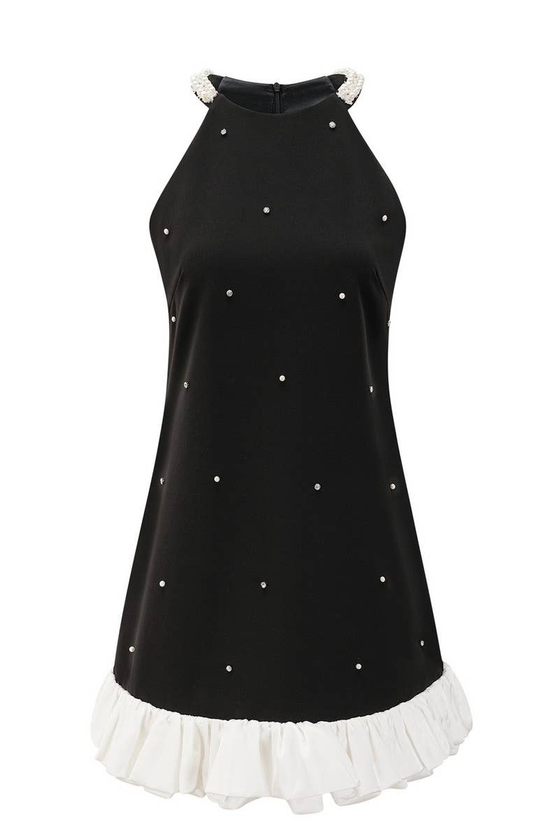 CWDSD8897_BLACK STAR PRINT SPLICED A-LINE SLEEVELESS DRESS