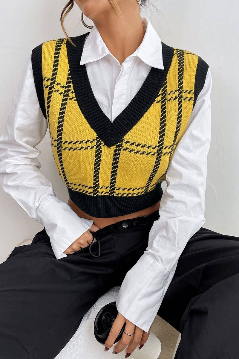 CWOV0781_LOOSE V-NECK PLAID KNIT SWEATER VEST