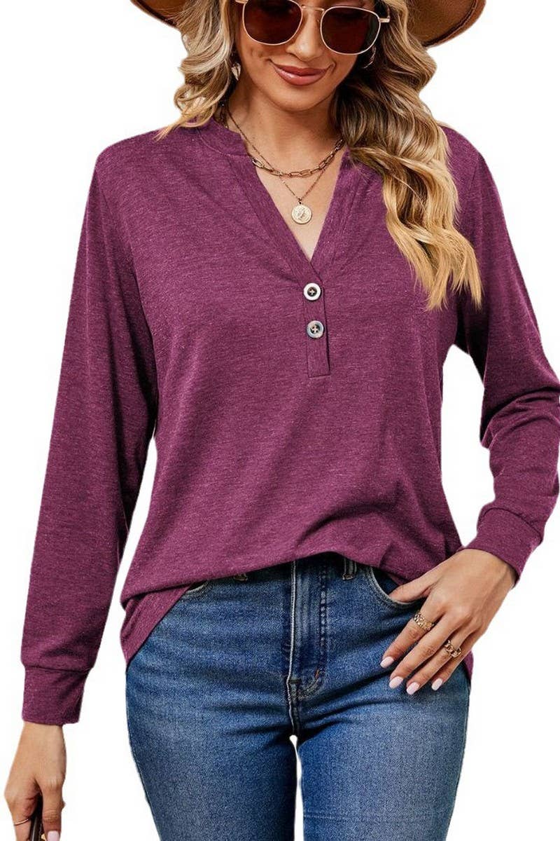 CWTBLL2371_V-NECK BUTTON LONG SLEEVE LOOSE PULLOVER TOP