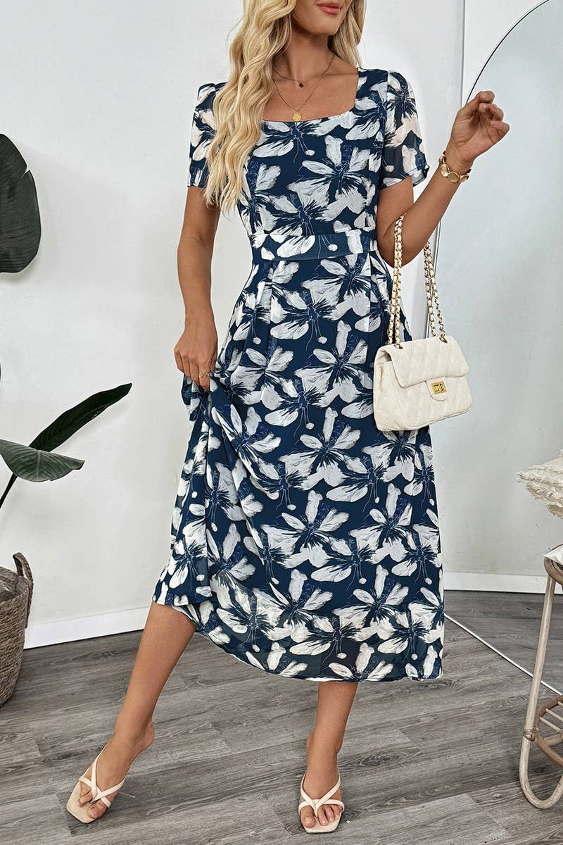 CWDMD5796_VINTAGE FLORAL SQUARE NECK WAISTED DRESS