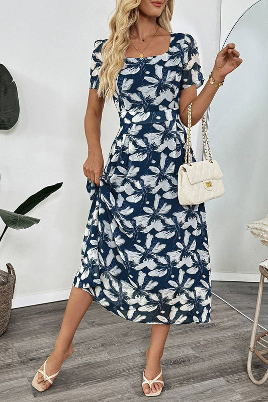 CWDMD5796_VINTAGE FLORAL SQUARE NECK WAISTED DRESS