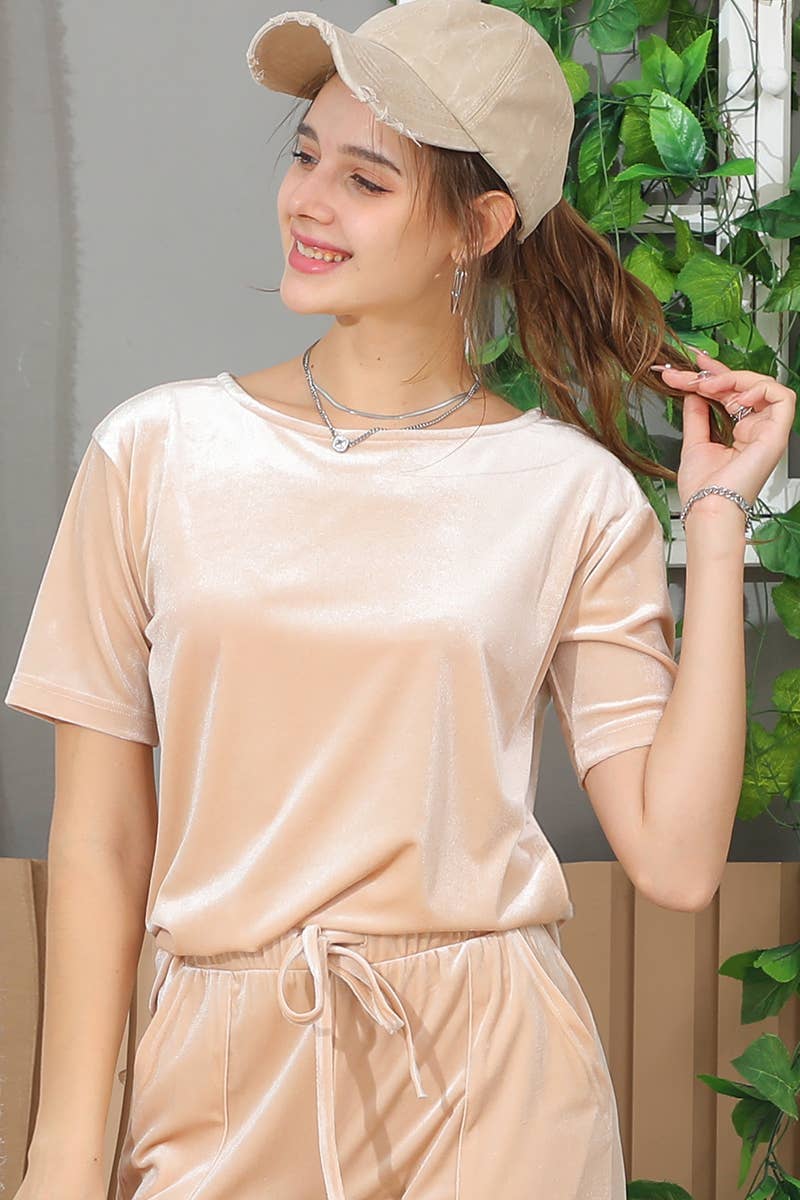 CWTTS679_Velour Crewneck Short Sleeve Casual Pullover Shirts