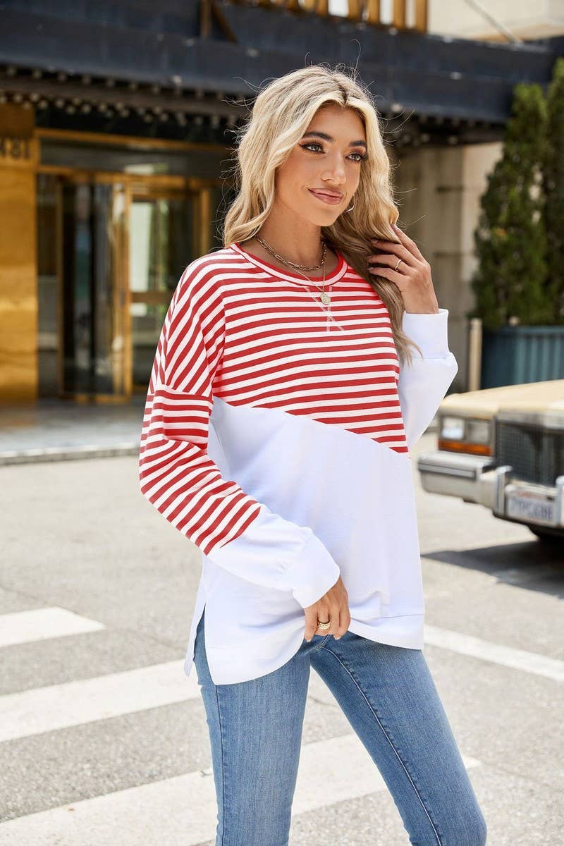 CWTBLL1859_ROUND NECK STRIPED LONG SLEEVE SWEATSHIRT