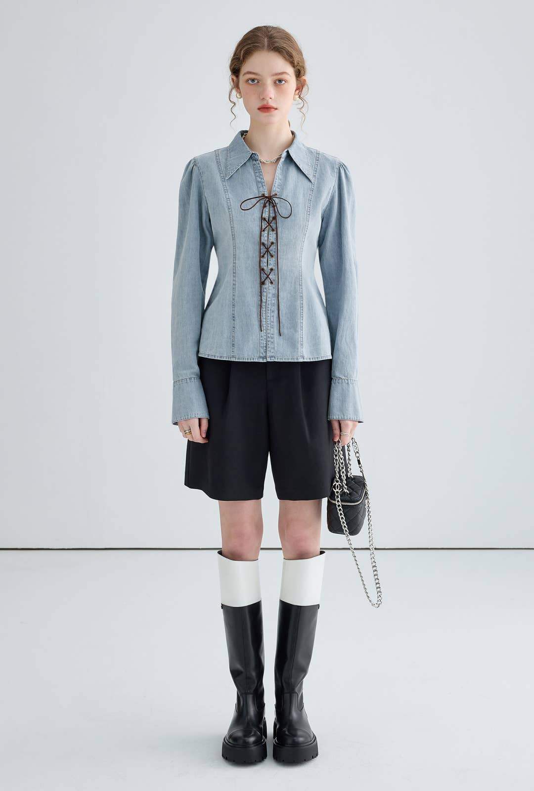 Cross-tied spicy girl style denim shirt