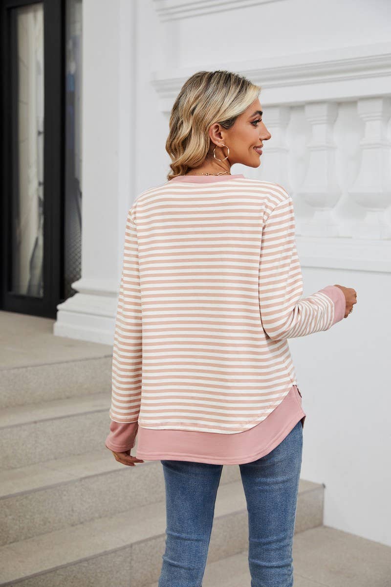 CWTBLL2355_CREW NECK STRIPED COLORBLOCK CASUAL SWEATSHIRT