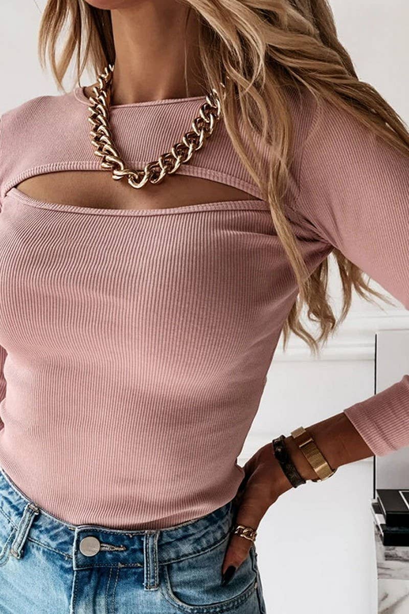 CWTBLL3780_RIBBED CUTOUT SLIM FIT LONG SLEEVE TOP